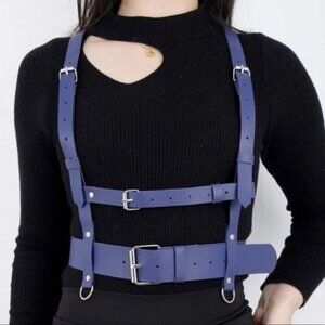 Blue PU Leather Suspender Belt W/ Hole Punch